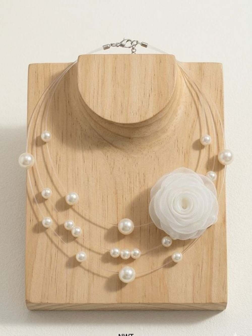 White Pearl Multi-Strand Choker Necklace with Fabric Rose Accent